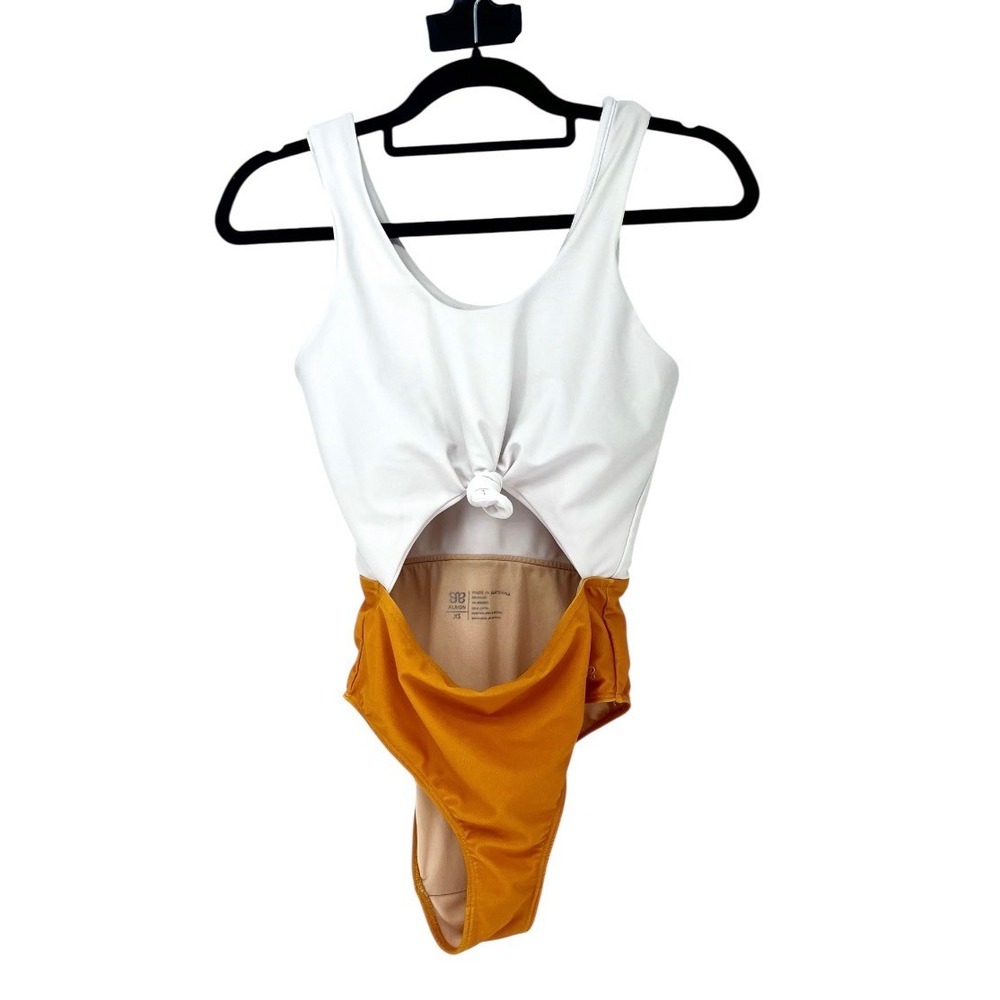 Albion Fit Emma One Piece Swimsuit White Mustard Yellow Knot Cutout XS‎